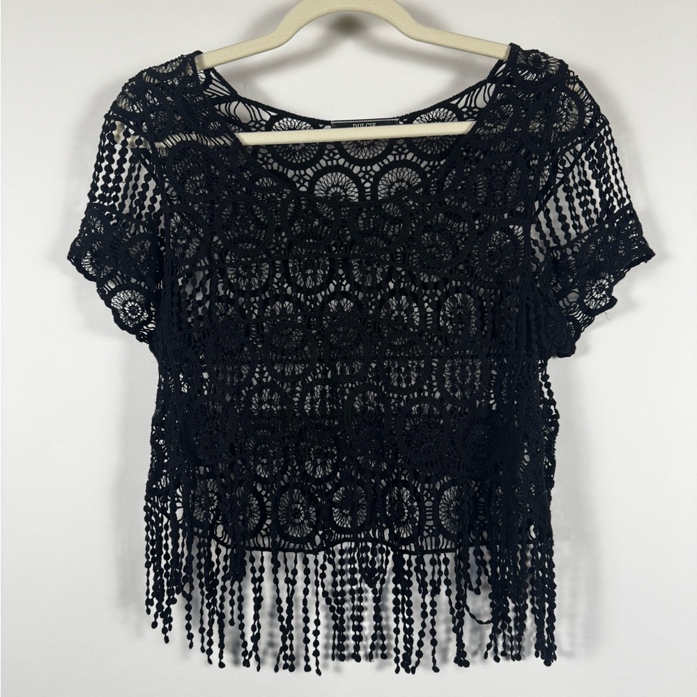 Dulcie Crochet Lace Fringe Top Women Medium Black Whimsigoth Fairy Boho Festival